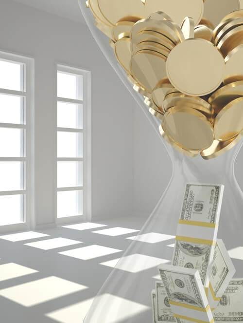 a flood of gold coins pours from a horn shaped container into a bright room with large windows, alongside stacks of u.s. dollar bills, inspiring side hustle ideas to maximize income.
