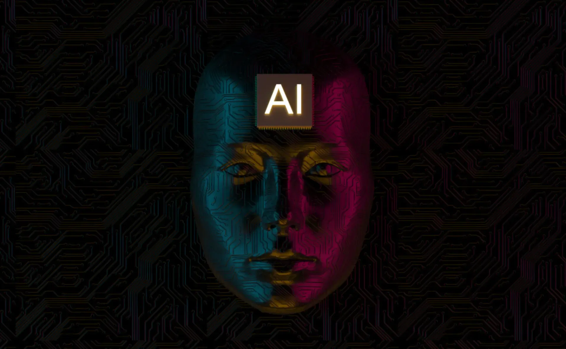 a human like face with blue and pink lighting is depicted with the letters 