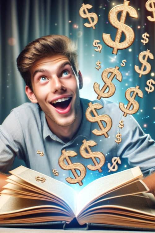 young man looks excitedly at a glowing open book from which golden dollar signs are emerging, as if discovering the secrets to ebook profits.
