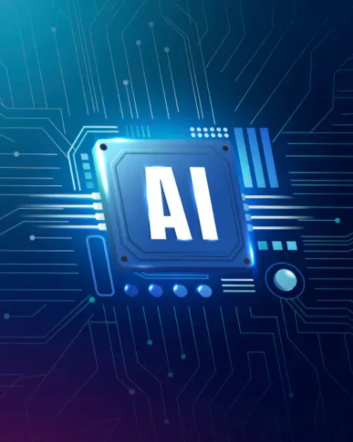 a digital graphic depicts a blue microchip with 