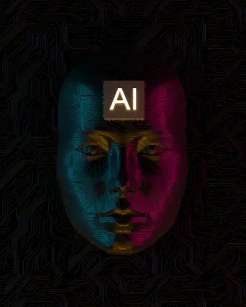 a mask like face with half blue, half pink illumination and a glowing 