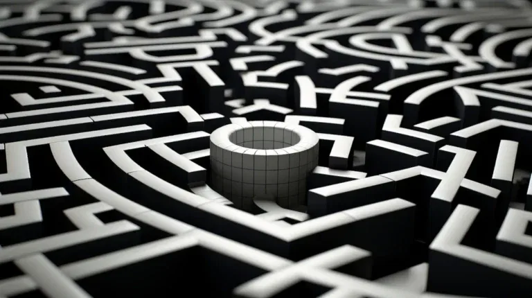 a 3d black and white maze featuring an auto draft layout with winding paths and a cylindrical structure at the center.