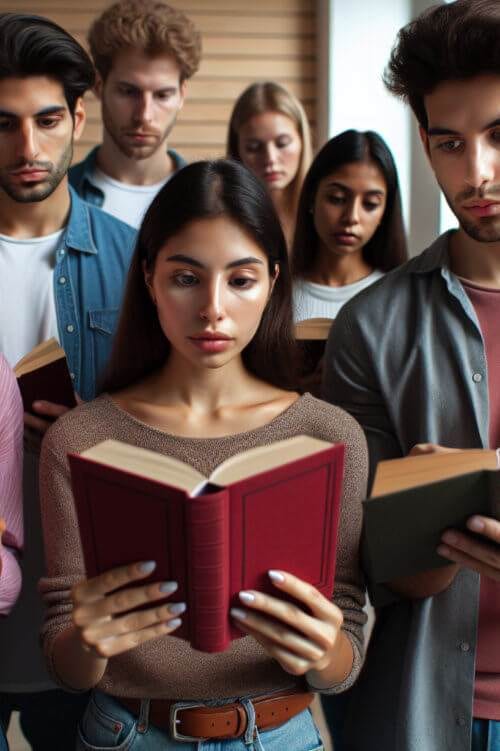a group of young adults standing closely together, each holding and reading a book or ebook. the woman in the foreground is reading a red book.
