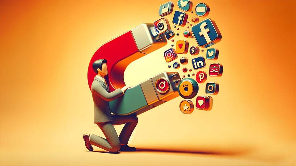 a stylized graphic of a person using a large sales magnet to attract various social media icons on an orange background.