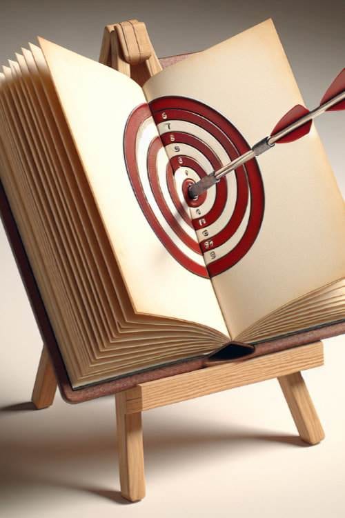 an open book on an easel has a target with a dart struck in the bullseye, symbolizing precision or achievement. this imagery is perfect for a guide on making money, showcasing how hitting your financial goals can be as calculated and precise as landing a bullseye.