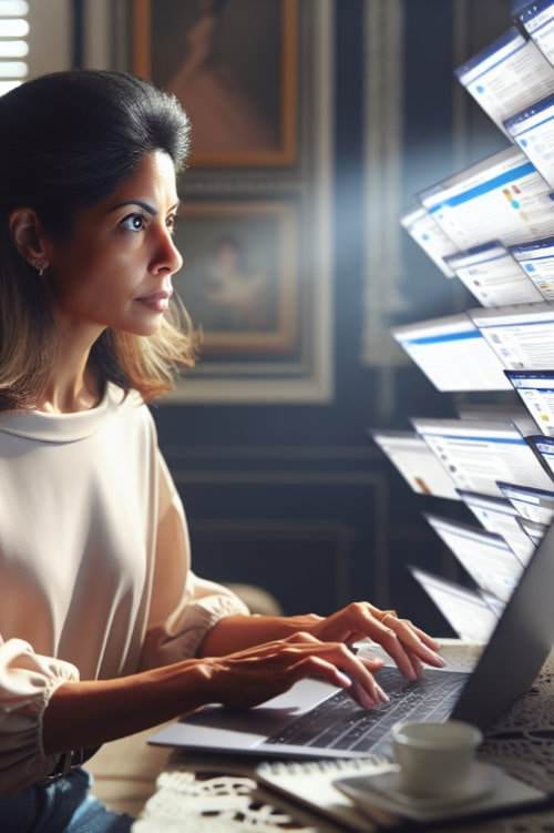 a woman sits at a desk using a laptop, with various windows projected in front of her, focused and concentrating on an ebook profits strategy.