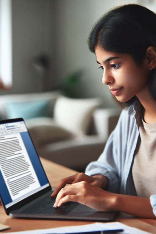 a person with long dark hair is typing on a laptop inside a well lit room. the laptop screen displays a document with text, possibly a simple guide for making money or an ebook on profits.