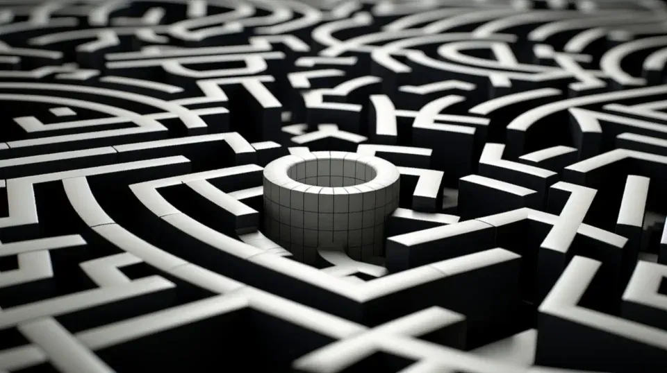 a 3d black and white maze featuring an auto draft layout with winding paths and a cylindrical structure at the center.