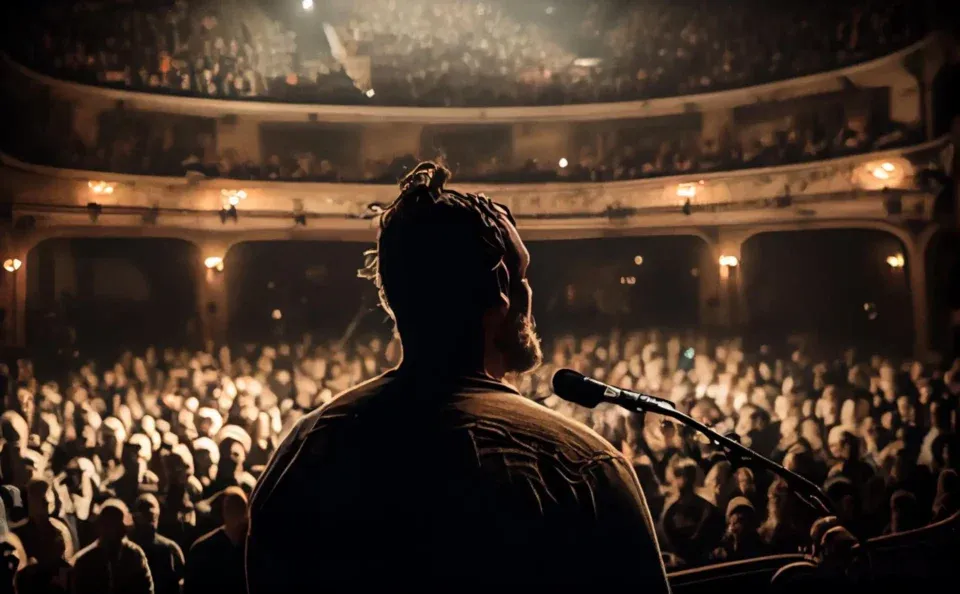 a person with dreadlocks speaks or performs on stage in a packed theater, skillfully using audience engagement techniques to captivate the large crowd within the first 7 seconds under dim lighting.