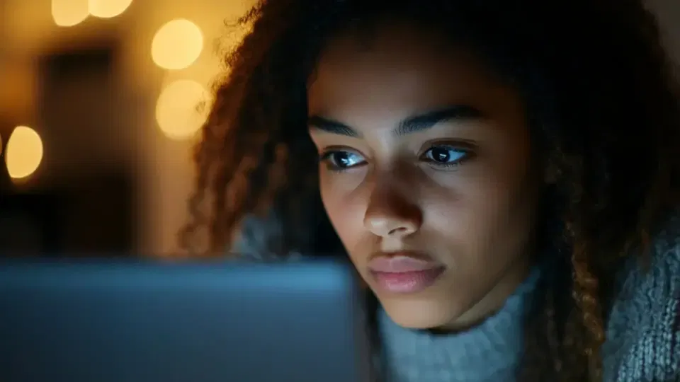 A person with curly hair looks intently at a laptop screen, possibly researching their business niche, with warm, blurred lights in the background.