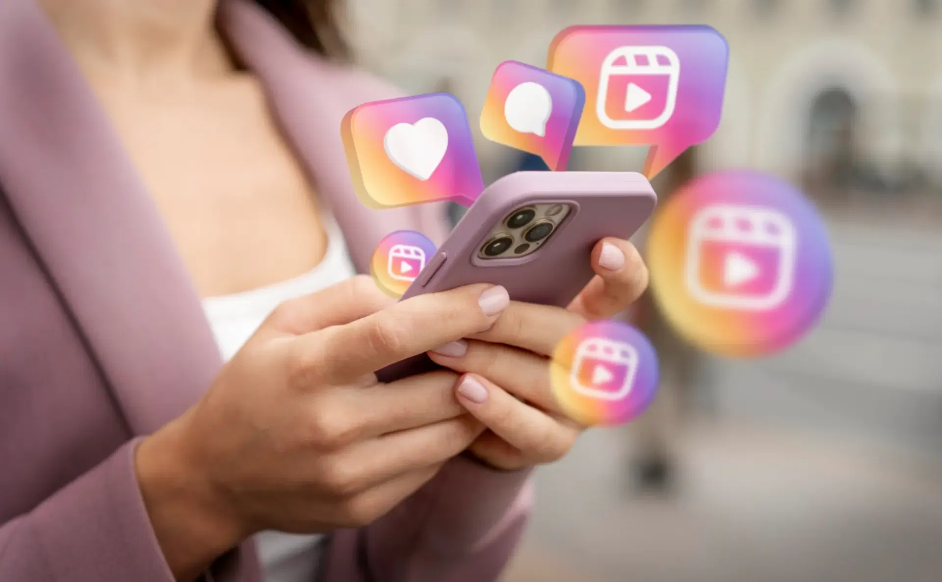 a person in a pink blazer uses a smartphone with social media icons, including a heart and video symbol, floating around the device, seamlessly managing their busy schedule while navigating the path to success.