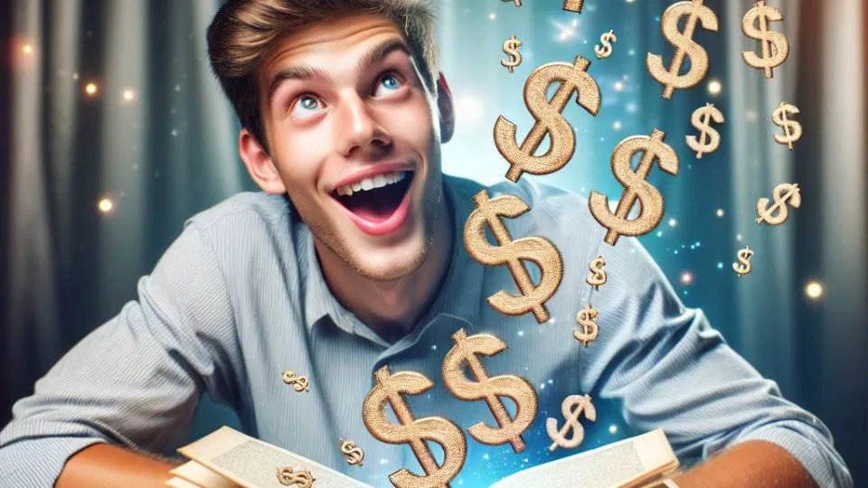 a man with an excited expression looks upward as floating dollar signs appear around him. he is holding an open book titled