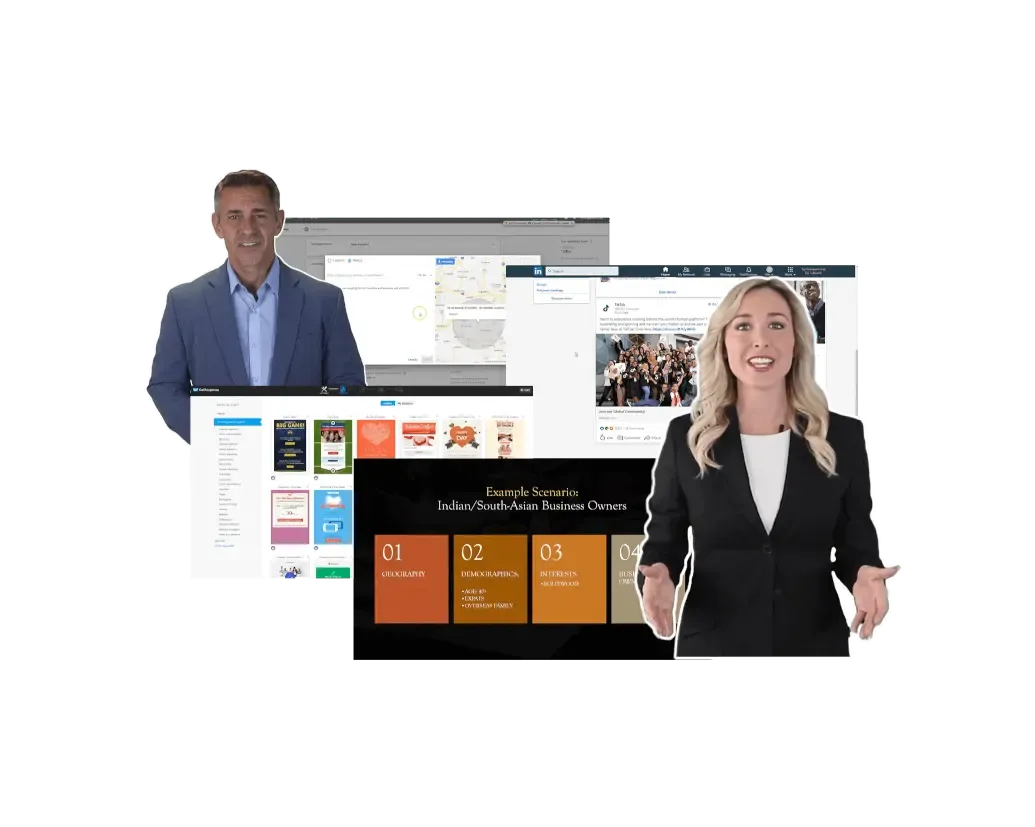 two professionals presenting various business related digital interfaces on screens; the left screen shows a website, the center screen displays potential business scenarios, and the right screen features a map.