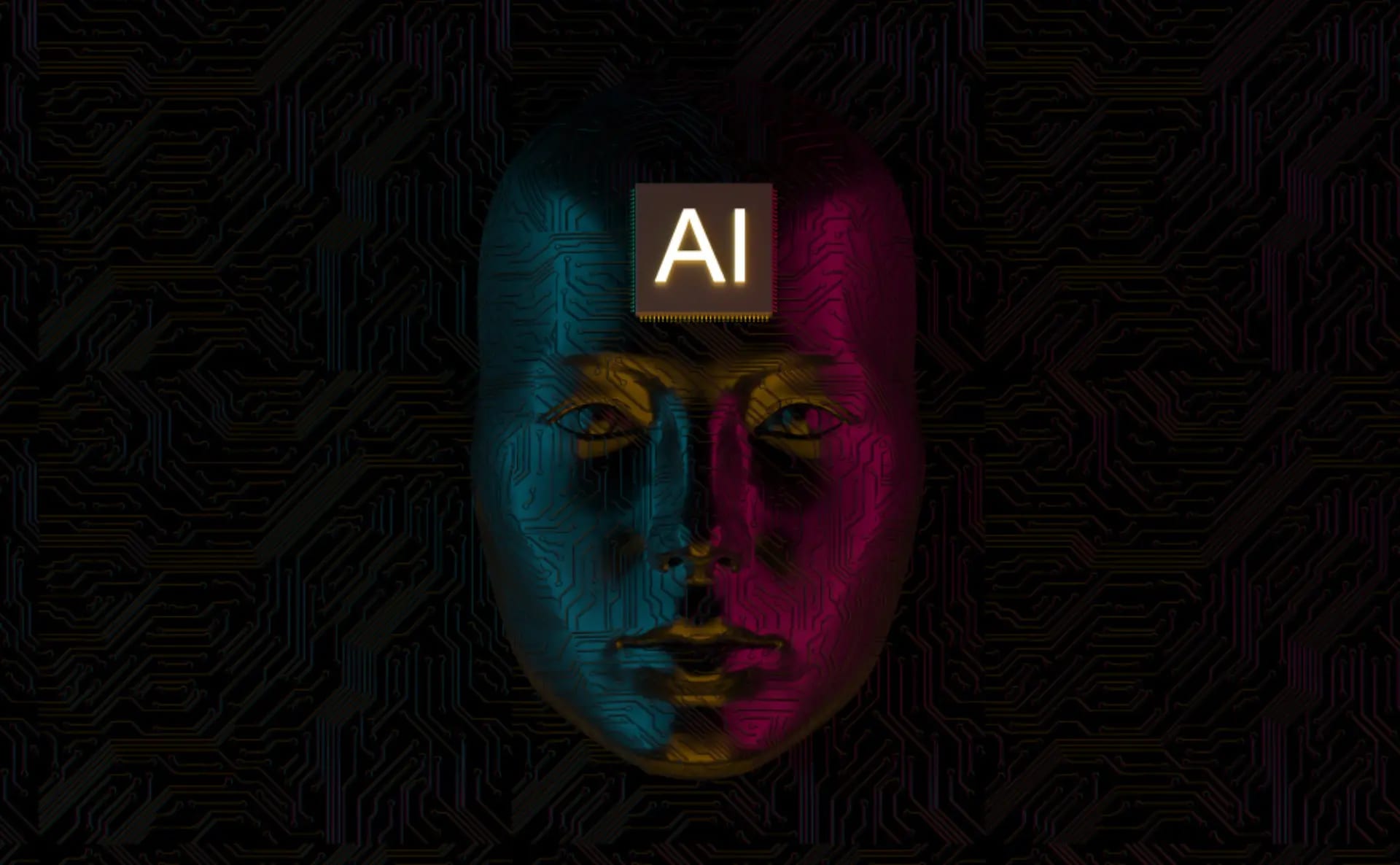a human like face with blue and pink lighting is depicted with the letters "ai" on its forehead against a dark, circuit like background.